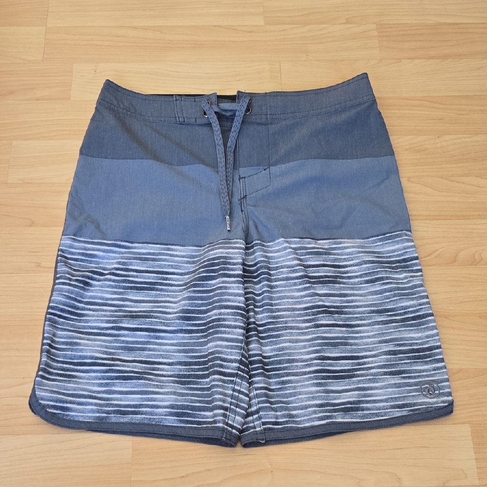 Hang Ten Board Shorts Boys Blue/Gray Striped Swim Short Size 10/12